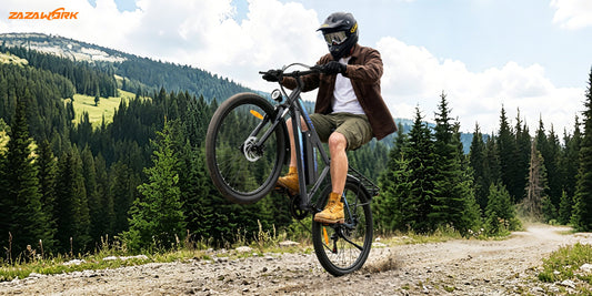 ZAZAWORK C29 all-terrain electric bike riding on mixed urban and trail terrain
