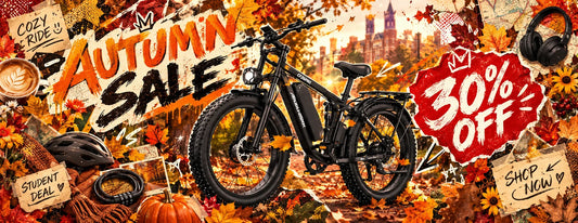 Rider on ZAZAWORK fat‑tire e‑bike riding along autumn leaf‑filled country road