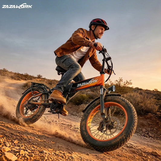Rider on ZAZAWORK CF1000 e-bike descending rocky off-road trail, correct off-road riding posture scene