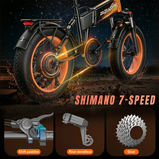 ZAZAWORK off-road e-bike gear shift system close-up, adjusting 7-speed gear for different terrain riding