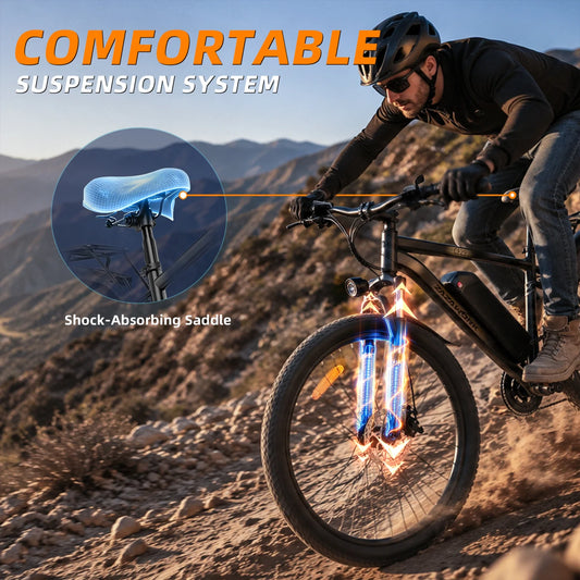 ZAZAWORK off-road electric bike front suspension close-up adjustment scene, tuning shock absorber for smoother summer all-terrain riding